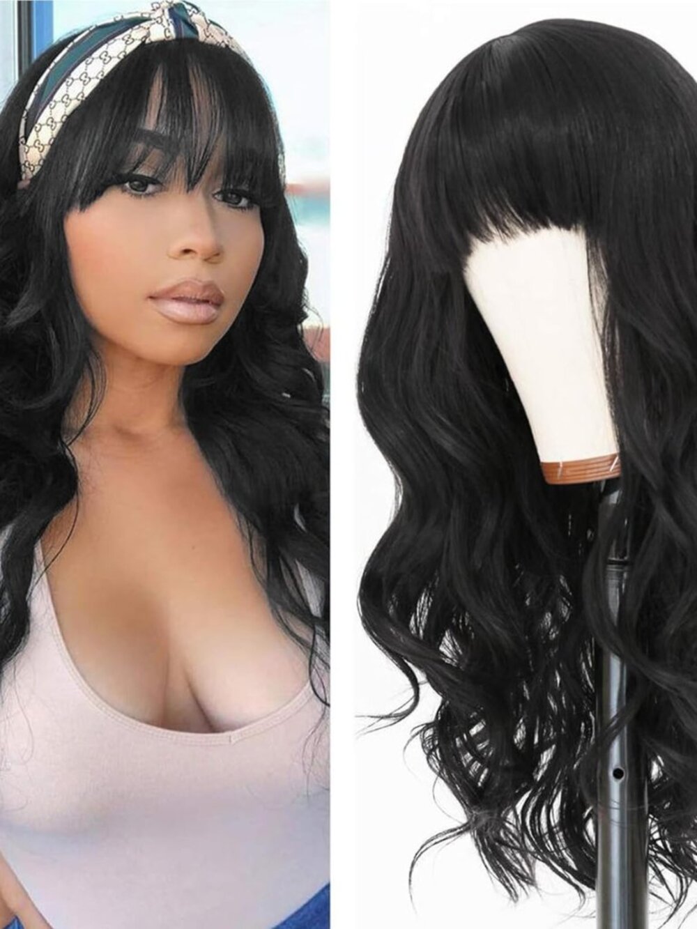 Glueless Jek Black Long Body Wave Wig with Bangs Loose Wave Black No Lace Wigs